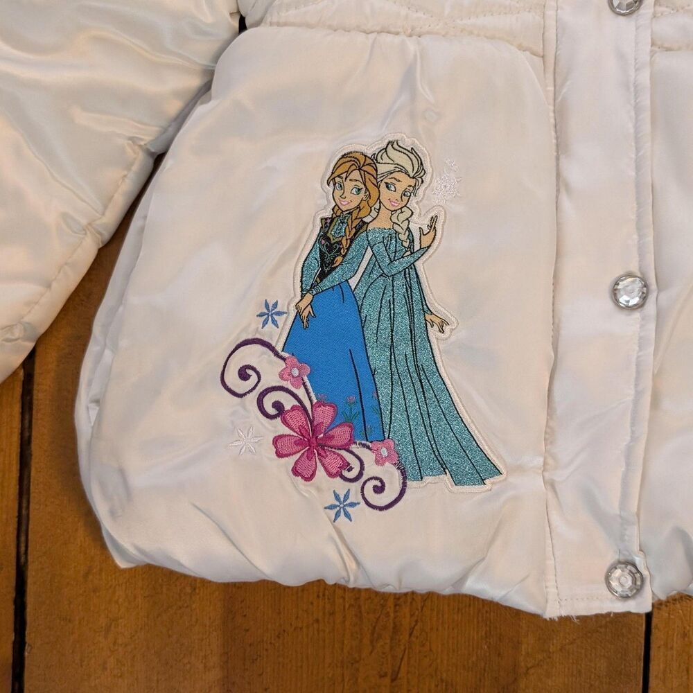 Disney Frozen Jacket Girls 4 White Hooded Quilted Puffer Coat Elsa Anna Fleece - Picture 2 of 5